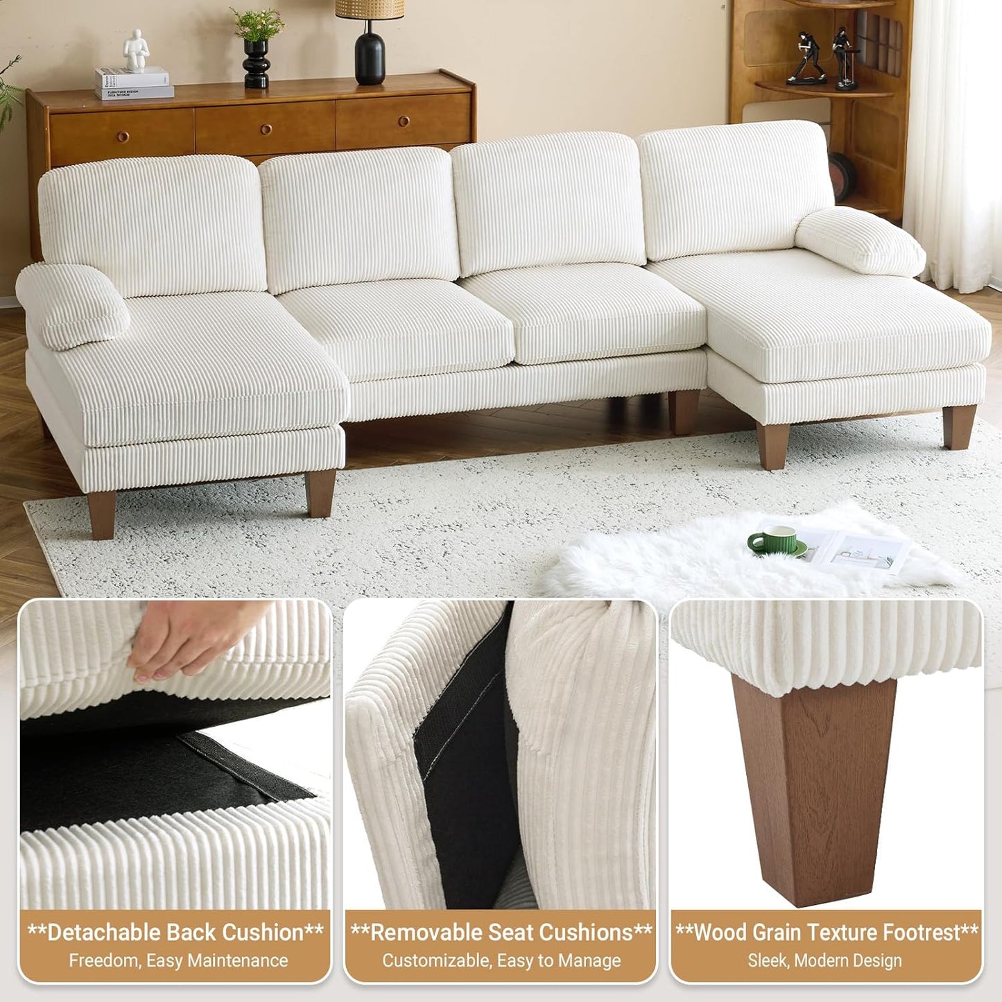 VINGLI 110" Sectional Couches for Living Room,U Shaped Couch with Double Chaise, 4-Seat Sofa Set with Chenille Fabric for Home Furniture,Beige