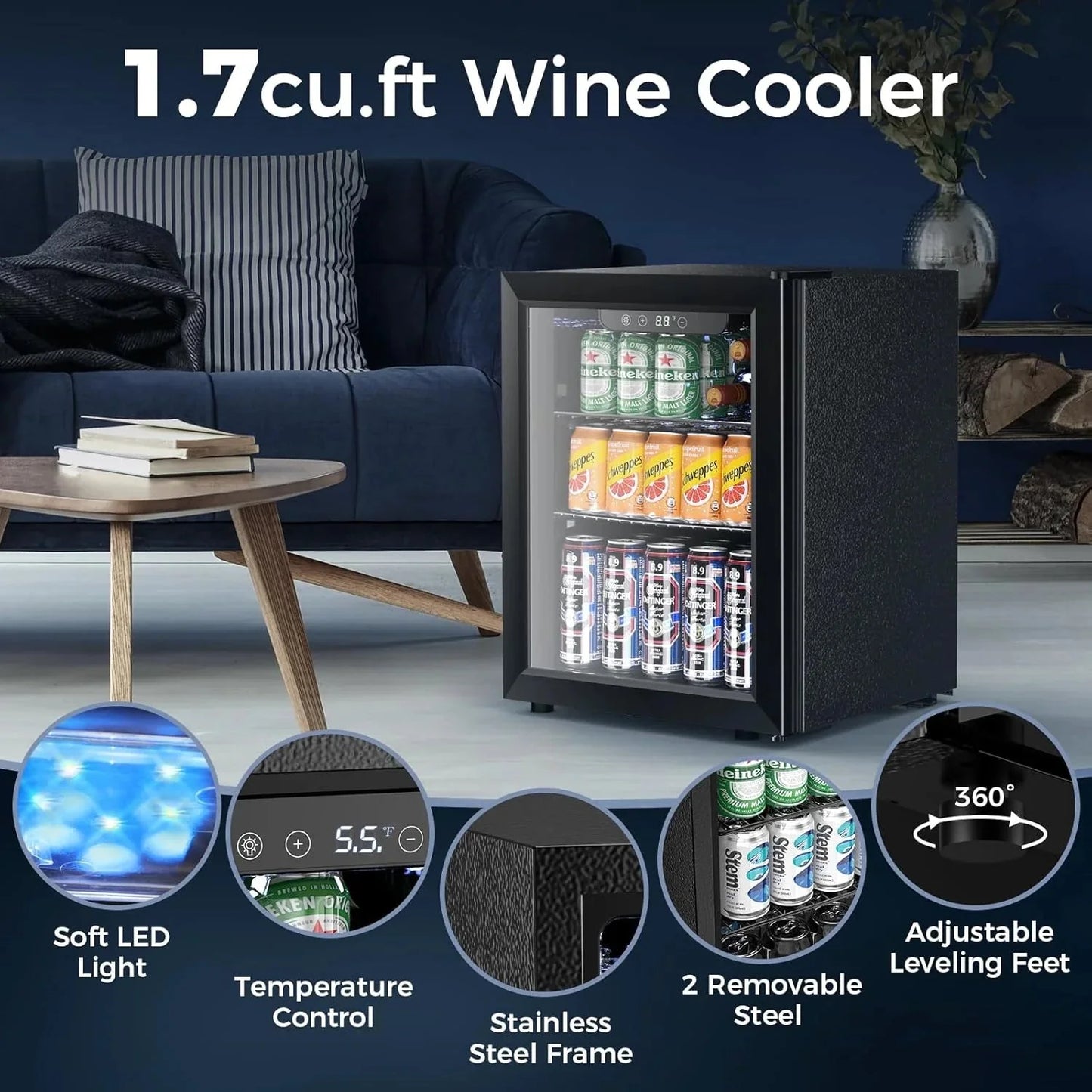 Mini Fridge 130 Can Beverage Refrigerator Cooler, 3.2 Cu.Ft Drink Fridge for Soda Wine Beer, Adjustable Temperature Control for Home Office, Black