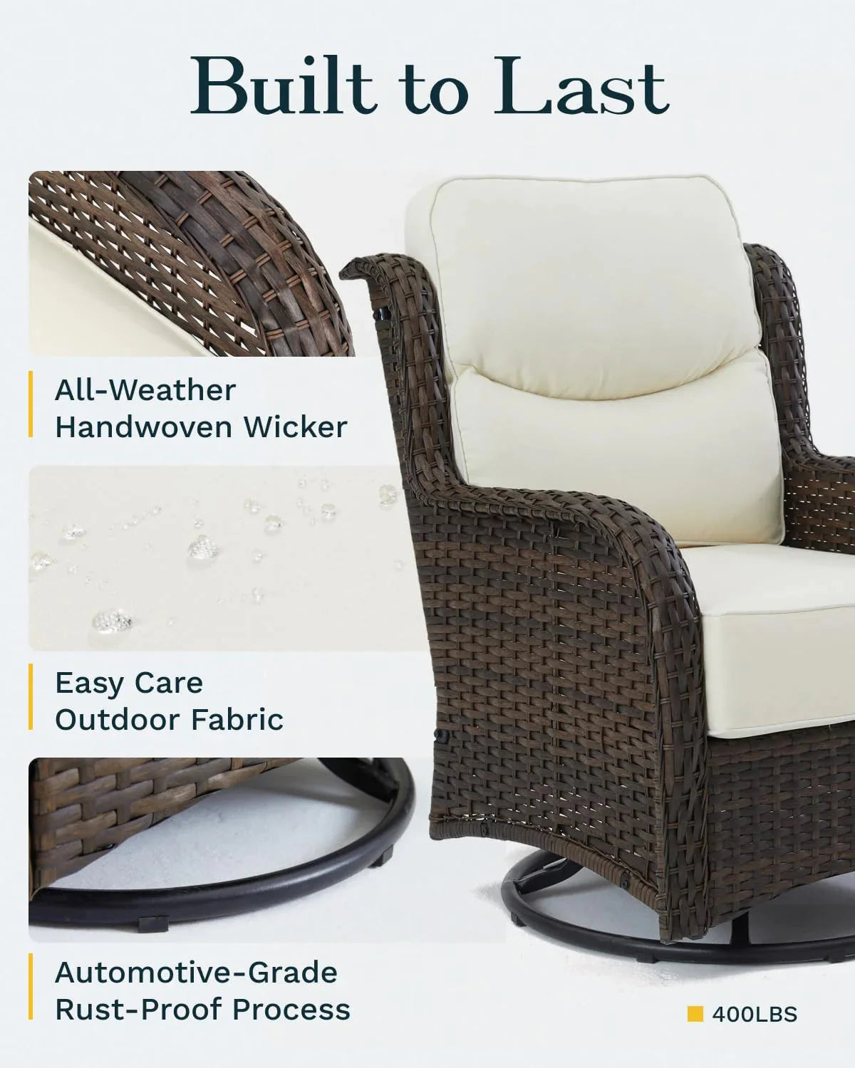 Outdoor Swivel Rocker Patio Chairs with 6-Inch Thick Cushions and Side Table, 3PCS High Back Wicker Patio Furniture Set for Porch, Balcony, Deck and Yard in Blue