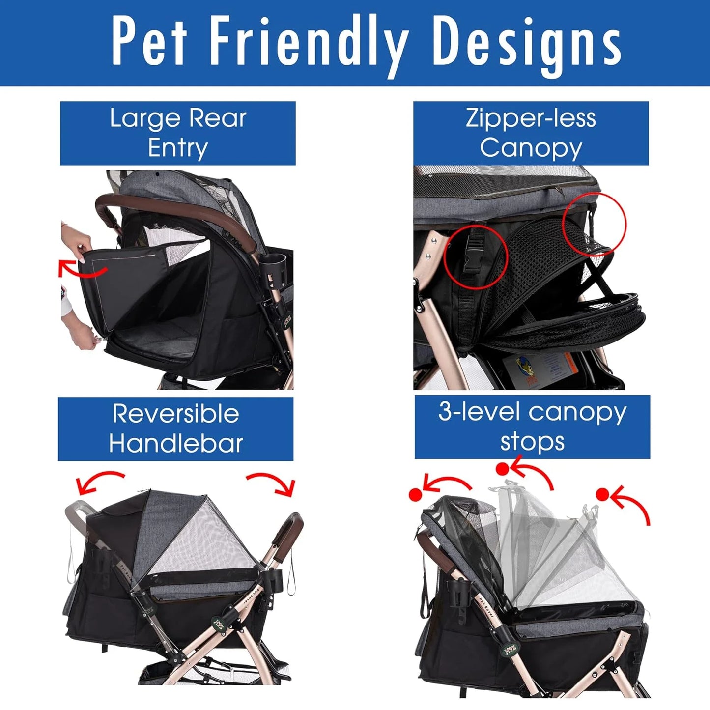 Pet Rover Premium Heavy Duty DogCat Stroller Travel Carriage CompartmentZipperless EntryPump-Free Rubber Tires Small, Medium, Large Pets (Black 2nd-Gen.), X-Large (Pack of 1)