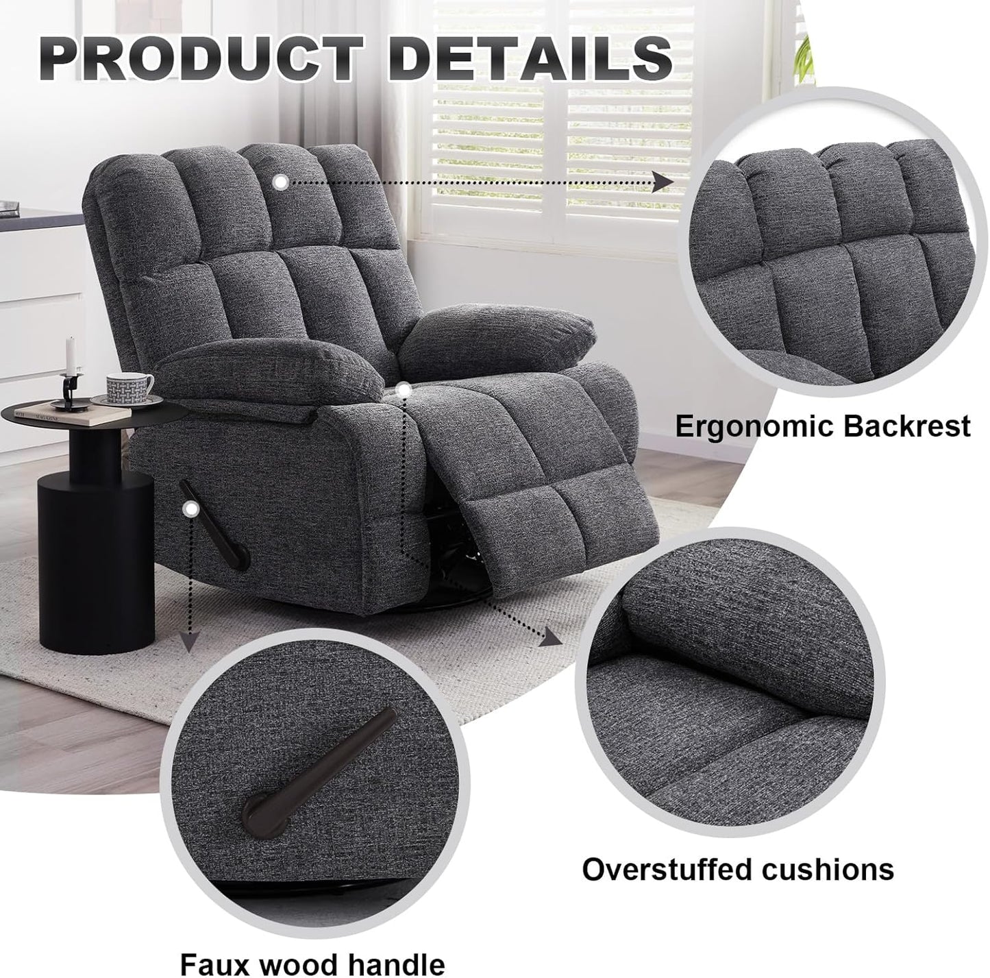Oversized Swivel Recliner Chair for Big Man Grey