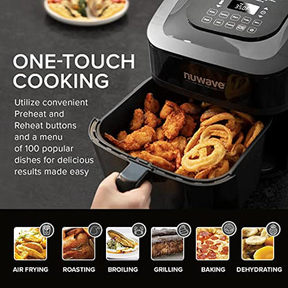 Nuwave Brio 8 Qt Air Fryer, Powerful 1800W, Easy to Read Cool White Display, 50° 400°F Temp Controls, 100 Pre Programmed Presets & 50 Memory Slots, Integrated Smart Thermometer, Linear T Technology