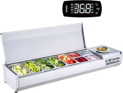 Refrigerated Condiment Prep Station, 135 W Countertop Refrigerated Condiment Station, with 2 1/3 Pans & 4 1/6 Pans, 304 Stainless Body and PC Lid, Sandwich Prep Table with Stainless Guard, ETL