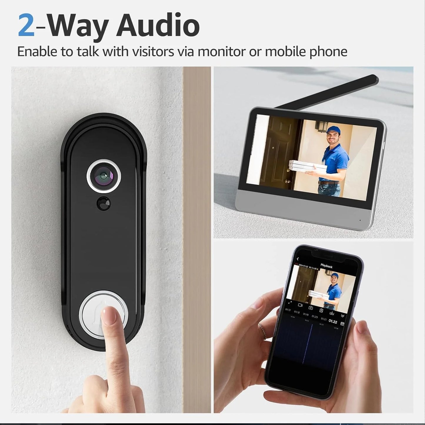 Wireless Smart Video Doorbell System, 7" Display, 1080P, No Subscription