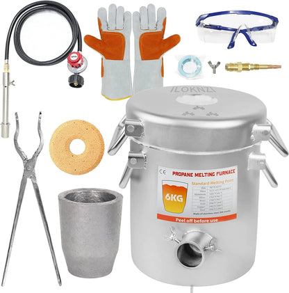 Propane Melting Furnace Kits, 6kg(13LB) Graphite Crucible, Up to 2372 F, Made of Steel Barrel, Smelt Metal,with Goggles and High Temperature Gloves