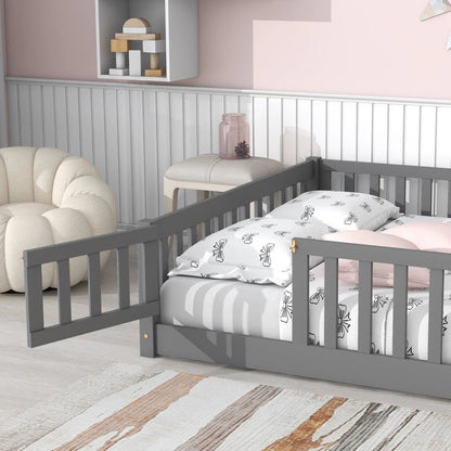 Uhomepro Full Size Kids Floor Bed with Fence & Door, Pine Wood, Playhouse Design