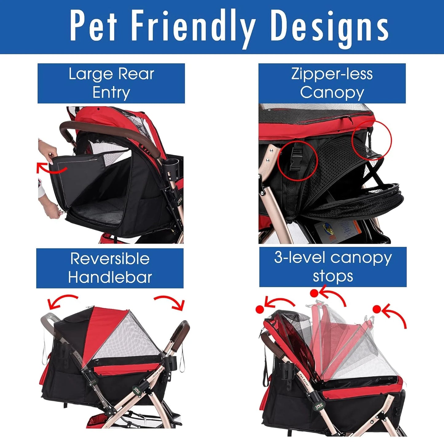 Pet Rover Premium Heavy Duty DogCat Stroller Travel Carriage CompartmentZipperless EntryPump-Free Rubber Tires Small, Medium, Large Pets (Black 2nd-Gen.), X-Large (Pack of 1)