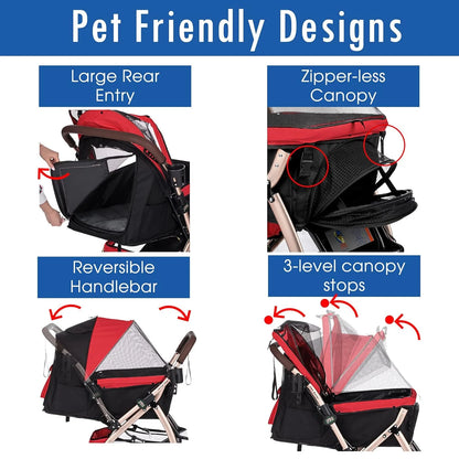 Pet Rover Premium Heavy Duty DogCat Stroller Travel Carriage CompartmentZipperless EntryPump-Free Rubber Tires Small, Medium, Large Pets (Black 2nd-Gen.), X-Large (Pack of 1)