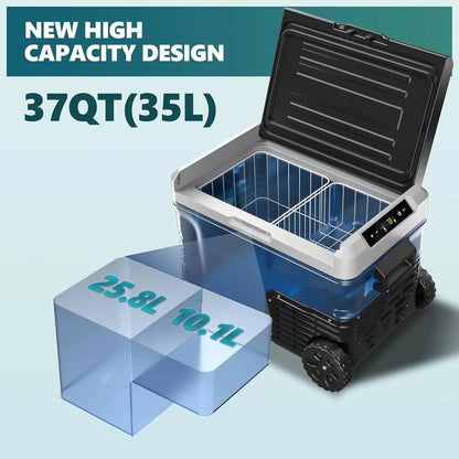 EUHOMY 12 Volt Refrigerator, 37QT(35L) Electric Cooler, Portable Freezer 12V/24V DC 110-240V AC, 12V Fridge -4℉~68℉, 12V Cooler with Wheels & 2 Baskets for Travel, Truck, Boat, Camping