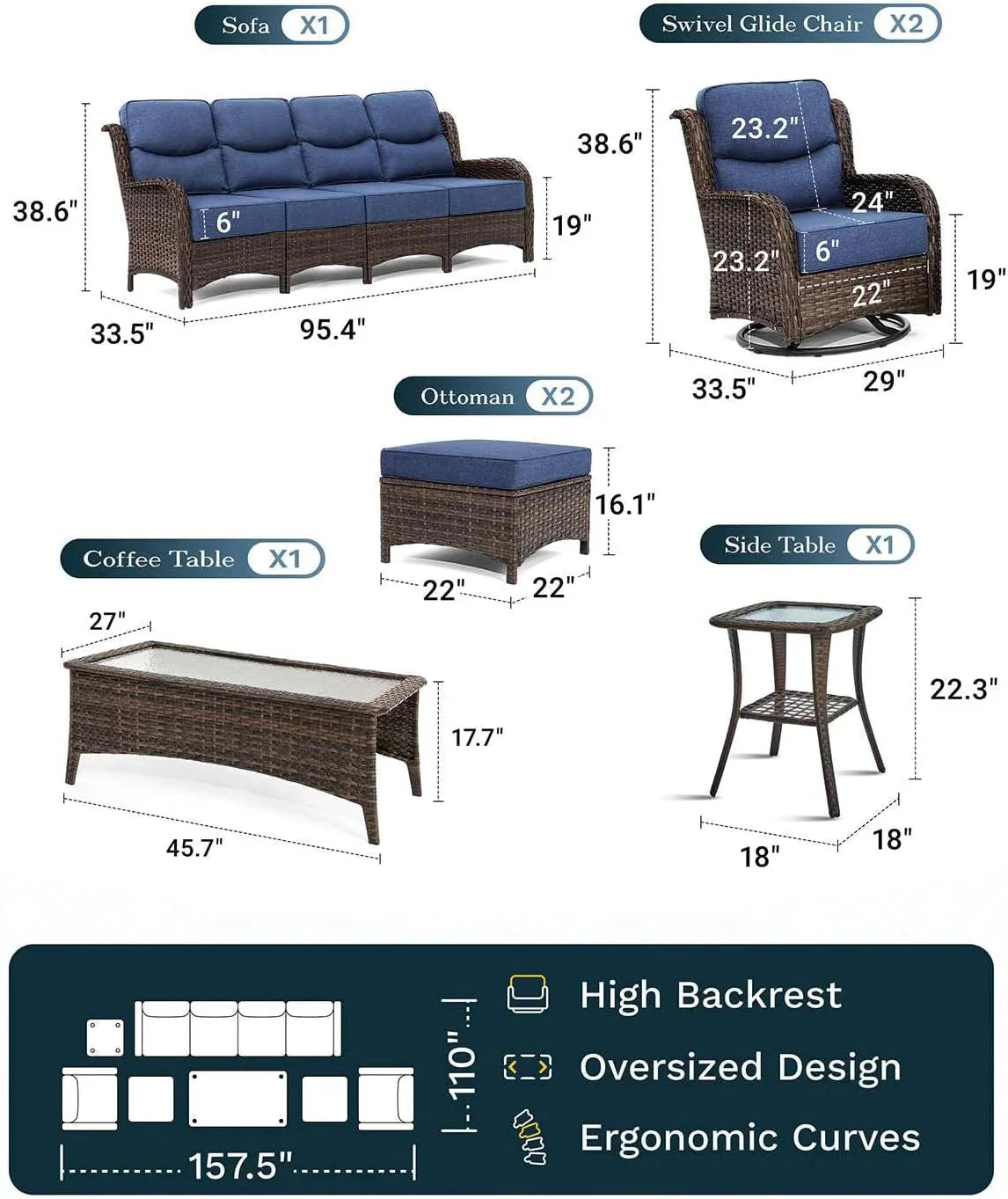 Outdoor Swivel Rocker Patio Chairs with 6-Inch Thick Cushions and Side Table, 3PCS High Back Wicker Patio Furniture Set for Porch, Balcony, Deck and Yard in Blue