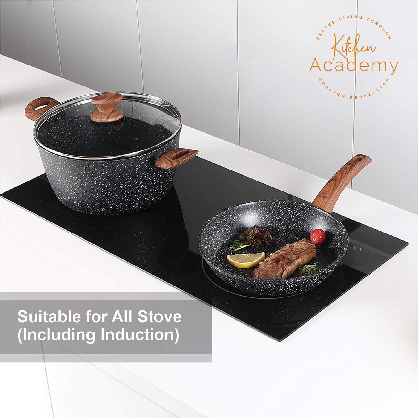 KITCHEN ACADEMY Induction Cookware Set - 12 Piece Nonstick Pan Set