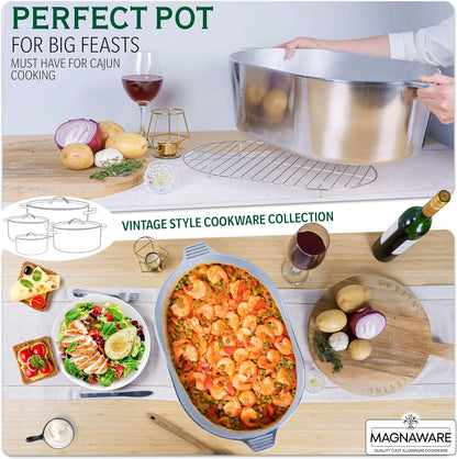 Cast Aluminum Dutch Oven - 8 Quart - Oval Dutch Oven Pot with Lid for Families and Parties - Lightweight Cajun Cookware with Ideal Heat Distribution - Oval Roaster Pan with Lid (13 Inch)
