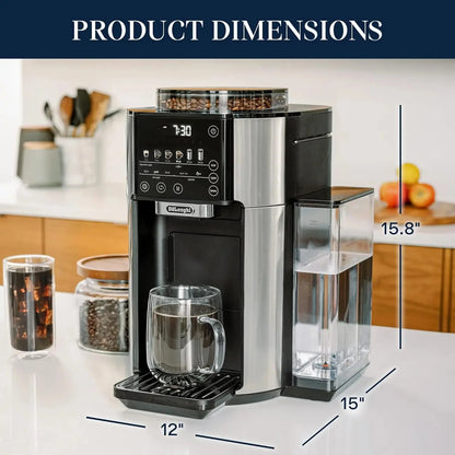 De'Longhi TrueBrew Drip Coffee Maker with Built-in Grinder, Programmable, 6 Brew Sizes, 5 Styles, Stainless Steel, Silver Black