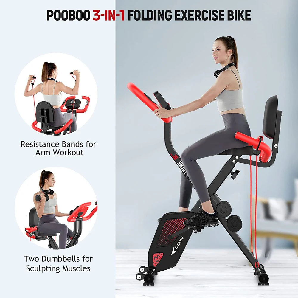Pooboo 3 In 1 Foldable Exercise Bike Indoor Cycling Bike Workout 300Lb