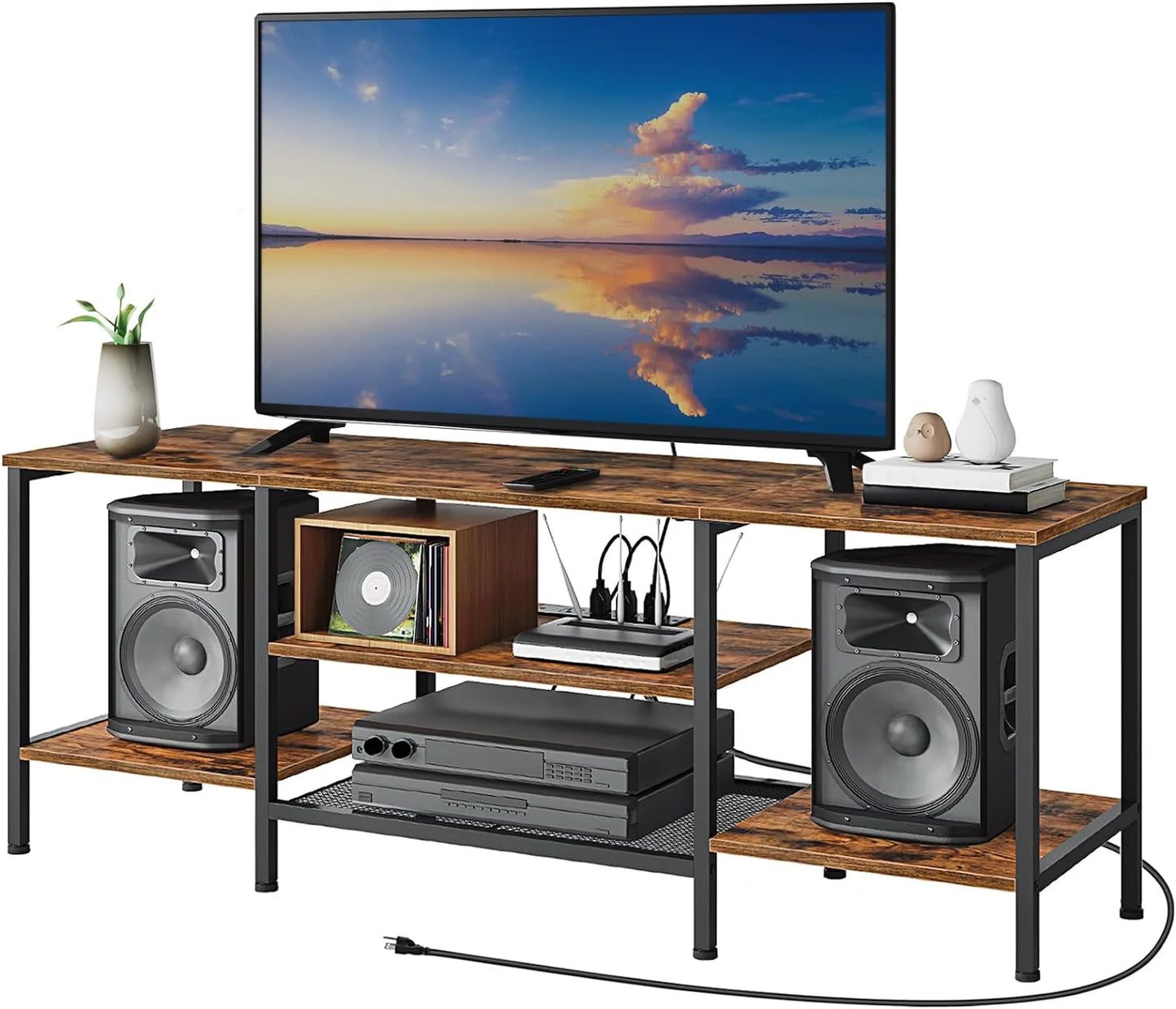 TV Stand with Power Outlets to 75 Inches, TV Console Table with Open Storage Shelves Cabinet, Industrial Media Entertainment Center for Living Room Bedroom, Rustic Brown and Black BF60DS01