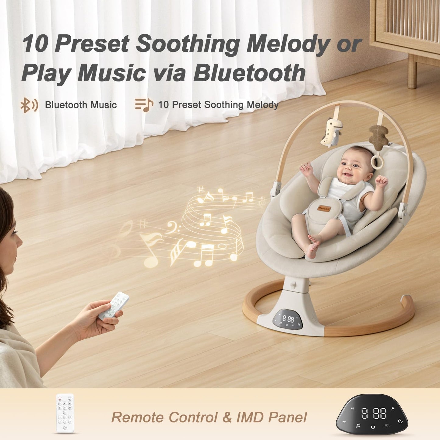 MONAMII Baby Swing with 5 Speeds & 10 Lullabies - Beige