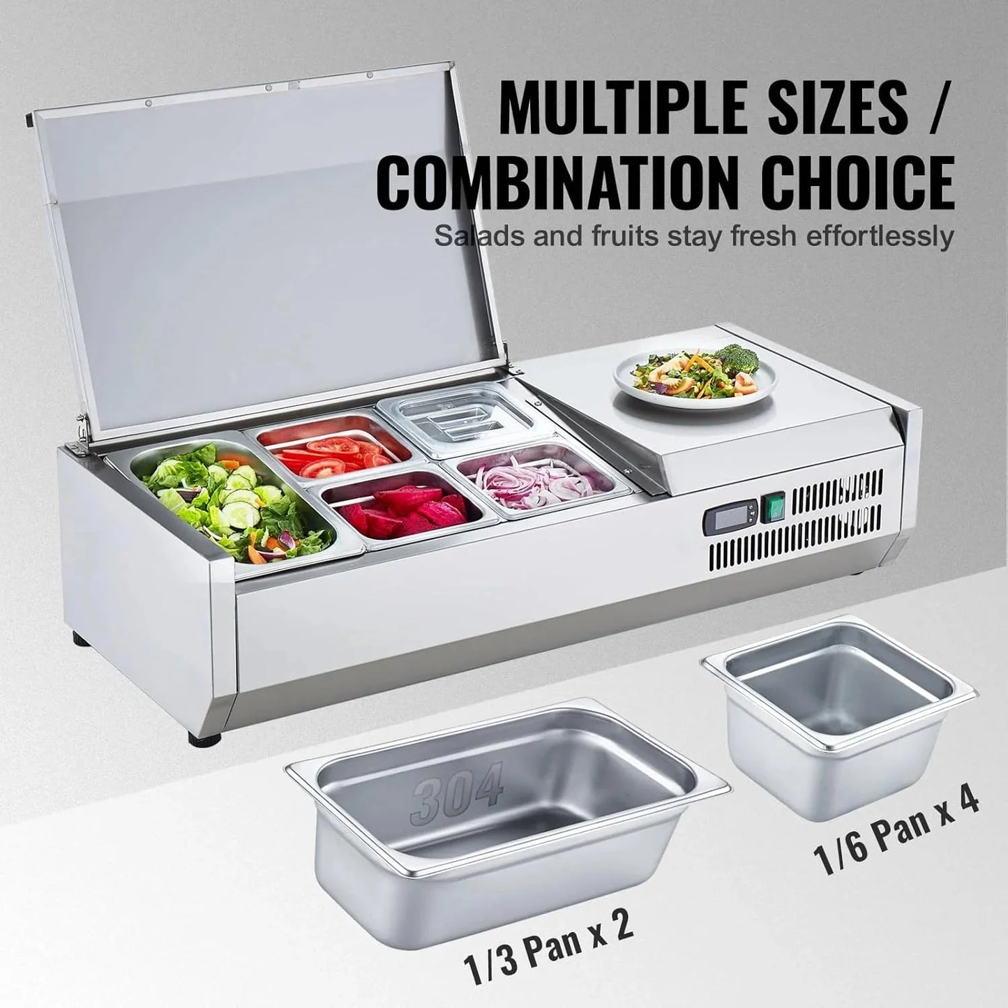 Refrigerated Condiment Prep Station, 135 W Countertop Refrigerated Condiment Station, with 2 1/3 Pans & 4 1/6 Pans, 304 Stainless Body and PC Lid, Sandwich Prep Table with Stainless Guard, ETL