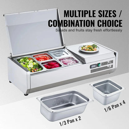 Refrigerated Condiment Prep Station, 135 W Countertop Refrigerated Condiment Station, with 2 1/3 Pans & 4 1/6 Pans, 304 Stainless Body and PC Lid, Sandwich Prep Table with Stainless Guard, ETL