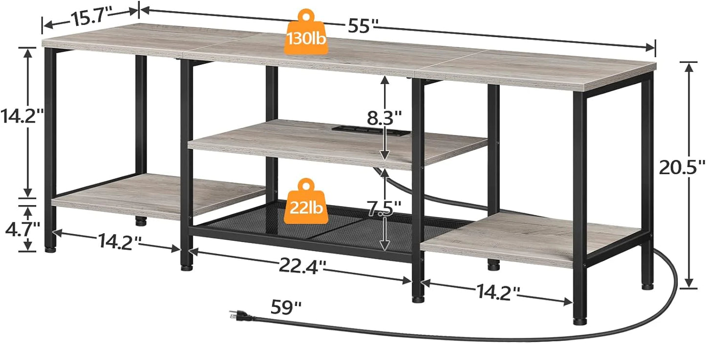 TV Stand with Power Outlets to 75 Inches, TV Console Table with Open Storage Shelves Cabinet, Industrial Media Entertainment Center for Living Room Bedroom, Rustic Brown and Black BF60DS01
