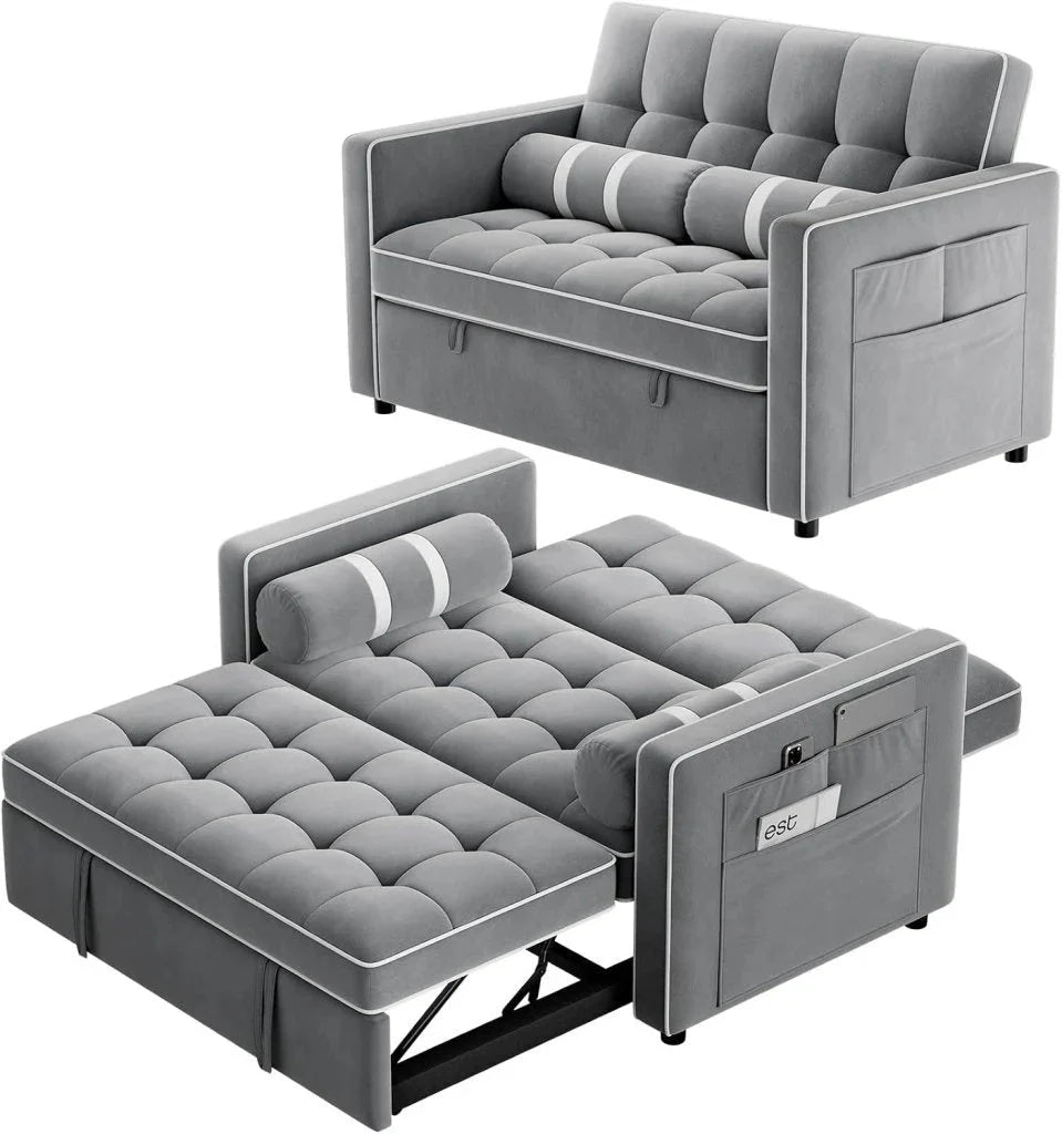 Pipishell 3 in 1 Convertible Sleeper Sofa Bed,Pull Out Couch for Living Room with USB Ports & Side Pockets,Adjustable Backrest,Velvet,Loveseat Sofa Bed,Futon Couches,Black