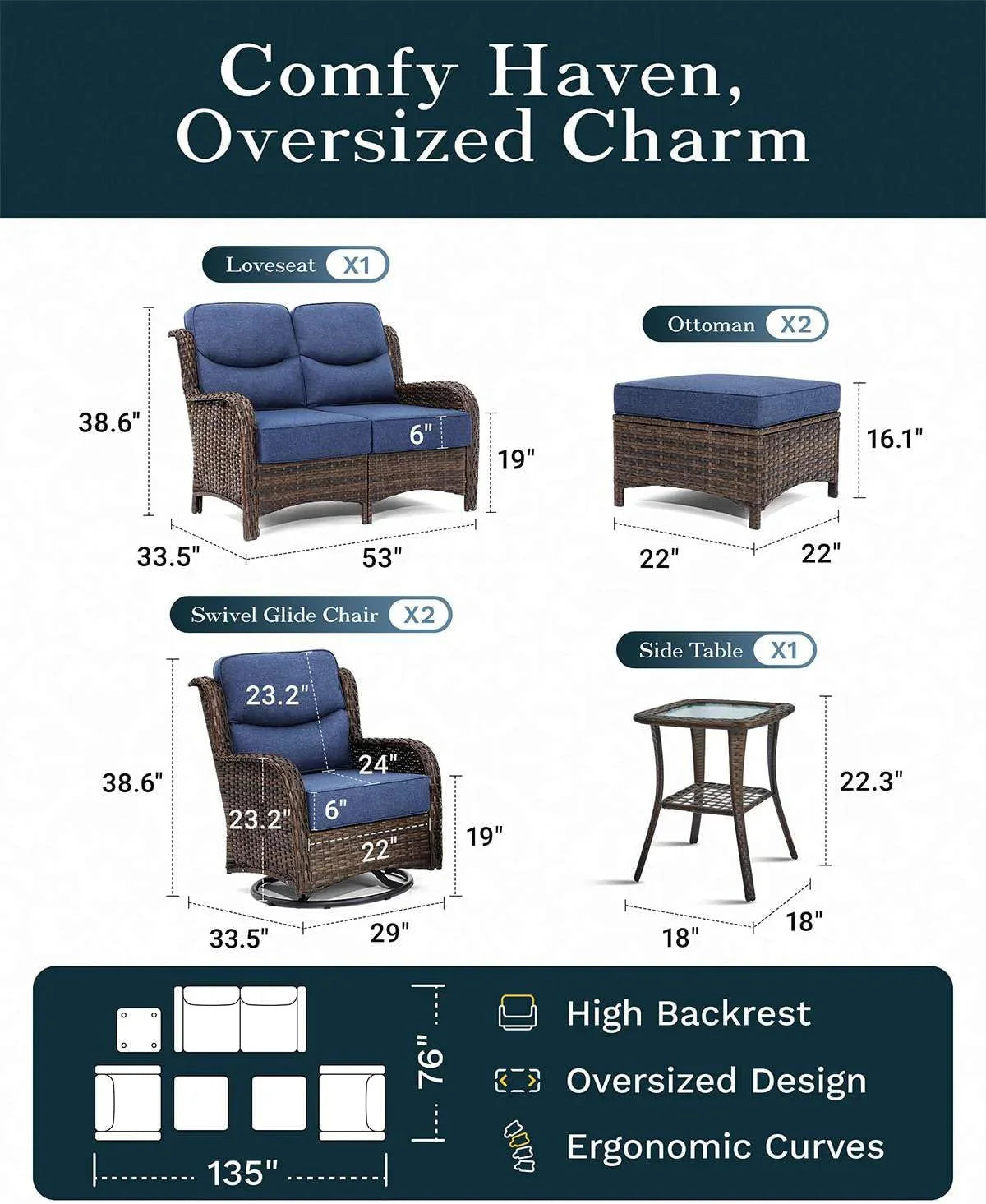 Outdoor Swivel Rocker Patio Chairs with 6-Inch Thick Cushions and Side Table, 3PCS High Back Wicker Patio Furniture Set for Porch, Balcony, Deck and Yard in Blue