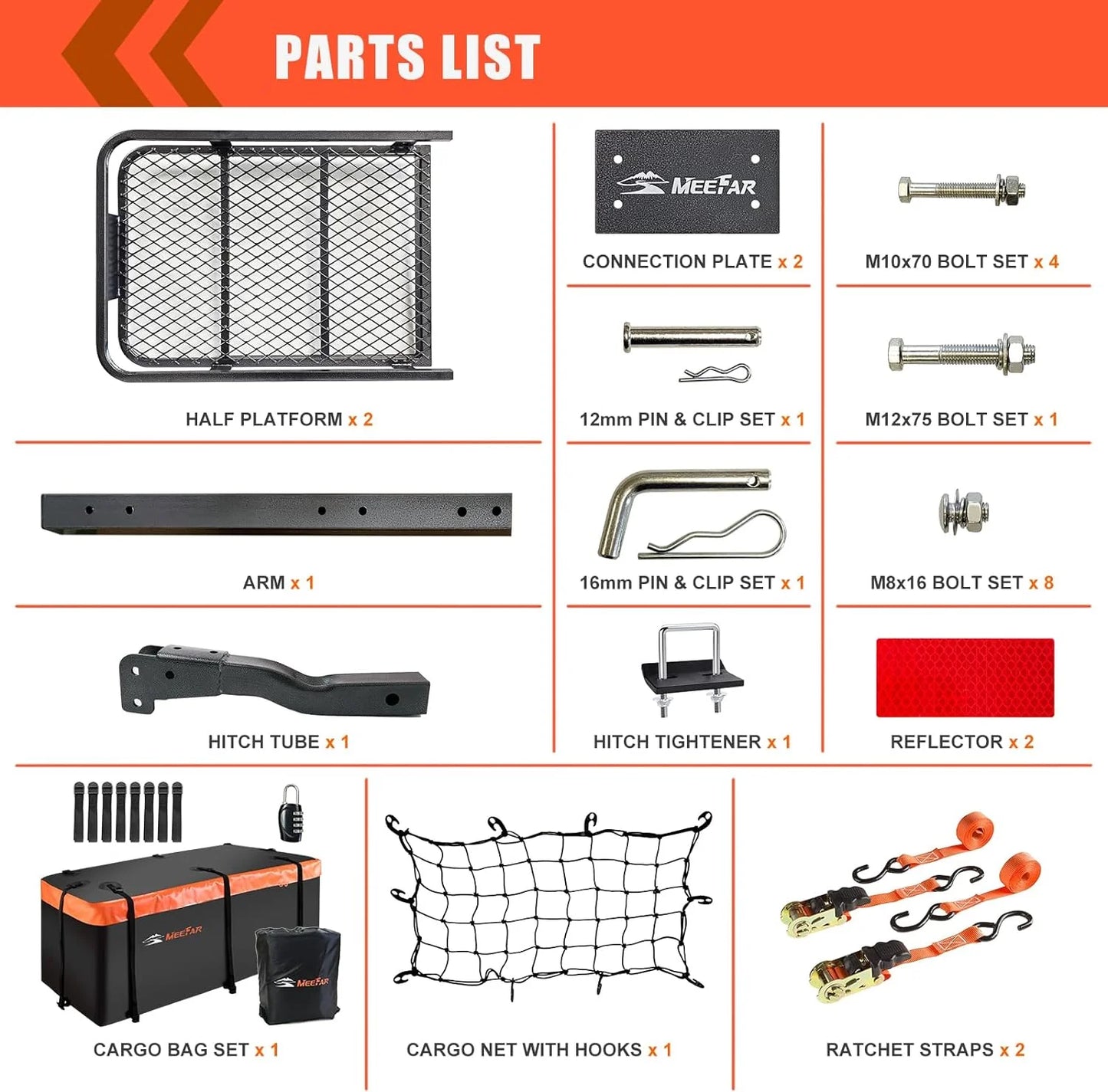 Folding hitch mounted cargo basket 60" With hook stabilizer, net and straps