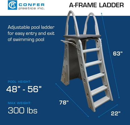 Confer Plastics 7200 Roll Guard 48" to 56" Adjustable A Frame Safety Ladder for Above Ground Outdoor Patio Swimming Pool Platform Ladder with Step Barrier, Warm Grey…