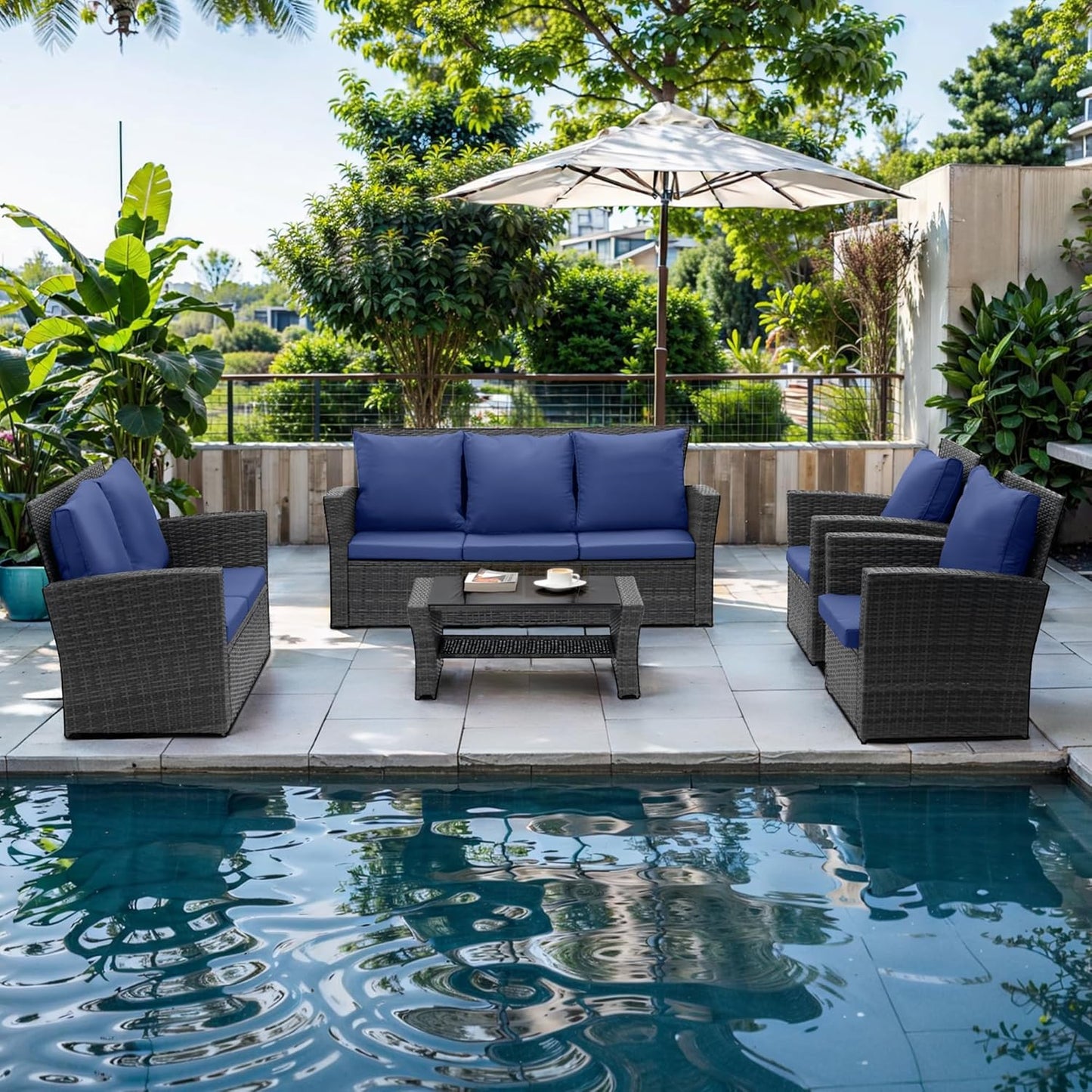 Wisteria Lane 4 Piece Outdoor Patio Furniture Sets, Wicker Conversation Set for Porch Deck, Grey Rattan Sofa Chair with Cushion Blue