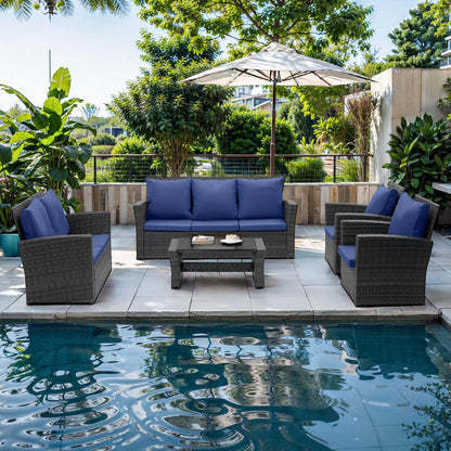 Wisteria Lane 4 Piece Outdoor Patio Furniture Sets, Wicker Conversation Set for Porch Deck, Grey Rattan Sofa Chair with Cushion Blue