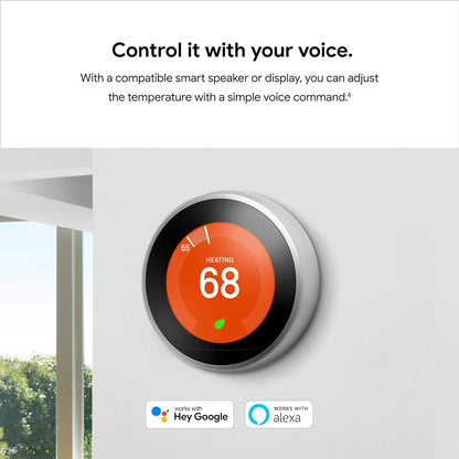 Nest 3rd Gen Learning Thermostat, Programmable Smart, Alexa Compatible, White, Wi-Fi, Energy Saving, Home Use