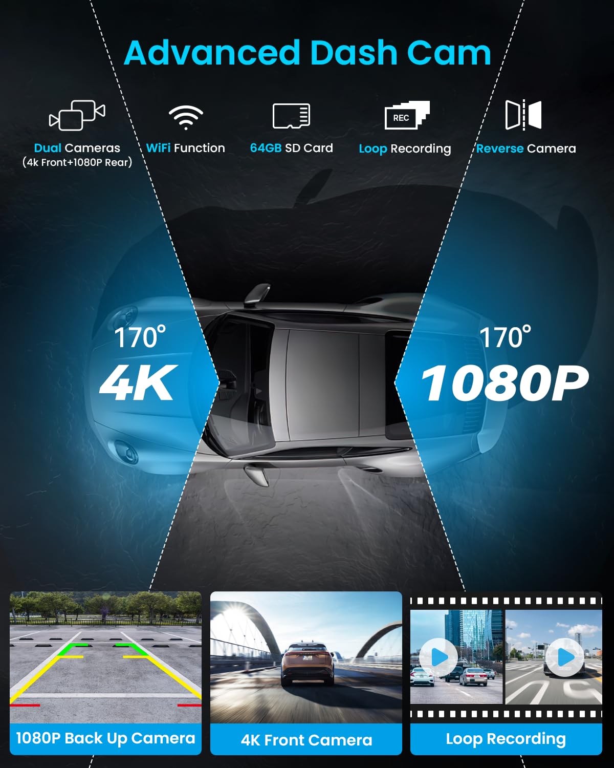 IIWEY Portable Apple Carplay Screen 10'' Car Stereo 4K Dash Cam