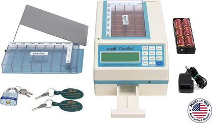 Tamper-proof automatic pill dispenser - metal safety lid with padlock
