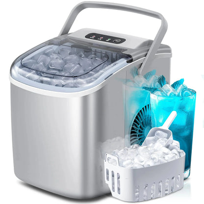 Crzoe Countertop Ice Maker Machine with Handle, 9 Bullet-Shaped Ice Cubes Ready in 6 Mins, 26Lbs/24H, Self-Cleaning Function with Ice Scoop and Basket for Home/Kitchen/Party (Grey)