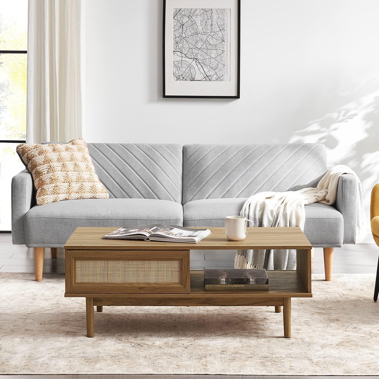 Mopio Ensley Mid Century Modern Rectangle Coffee Table with Dual Storage Shelf, Wood Slat Sliding Door, & Rounded Edge Protection for Living Room, Walnut Grain
