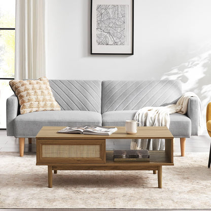 Mopio Ensley Mid Century Modern Rectangle Coffee Table with Dual Storage Shelf, Wood Slat Sliding Door, & Rounded Edge Protection for Living Room, Walnut Grain