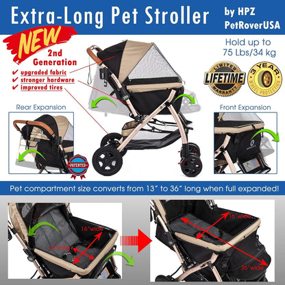Pet Rover Premium Heavy Duty DogCat Stroller Travel Carriage CompartmentZipperless EntryPump-Free Rubber Tires Small, Medium, Large Pets (Black 2nd-Gen.), X-Large (Pack of 1)