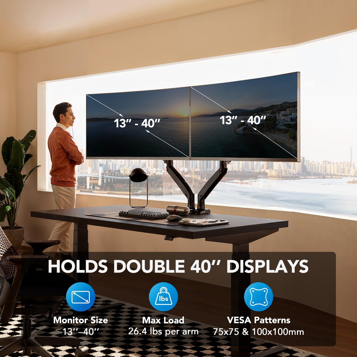 HUANUO Dual Monitor Stand with USB, Height Adjustable, VESA