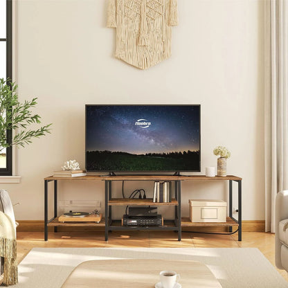 TV Stand with Power Outlets to 75 Inches, TV Console Table with Open Storage Shelves Cabinet, Industrial Media Entertainment Center for Living Room Bedroom, Rustic Brown and Black BF60DS01