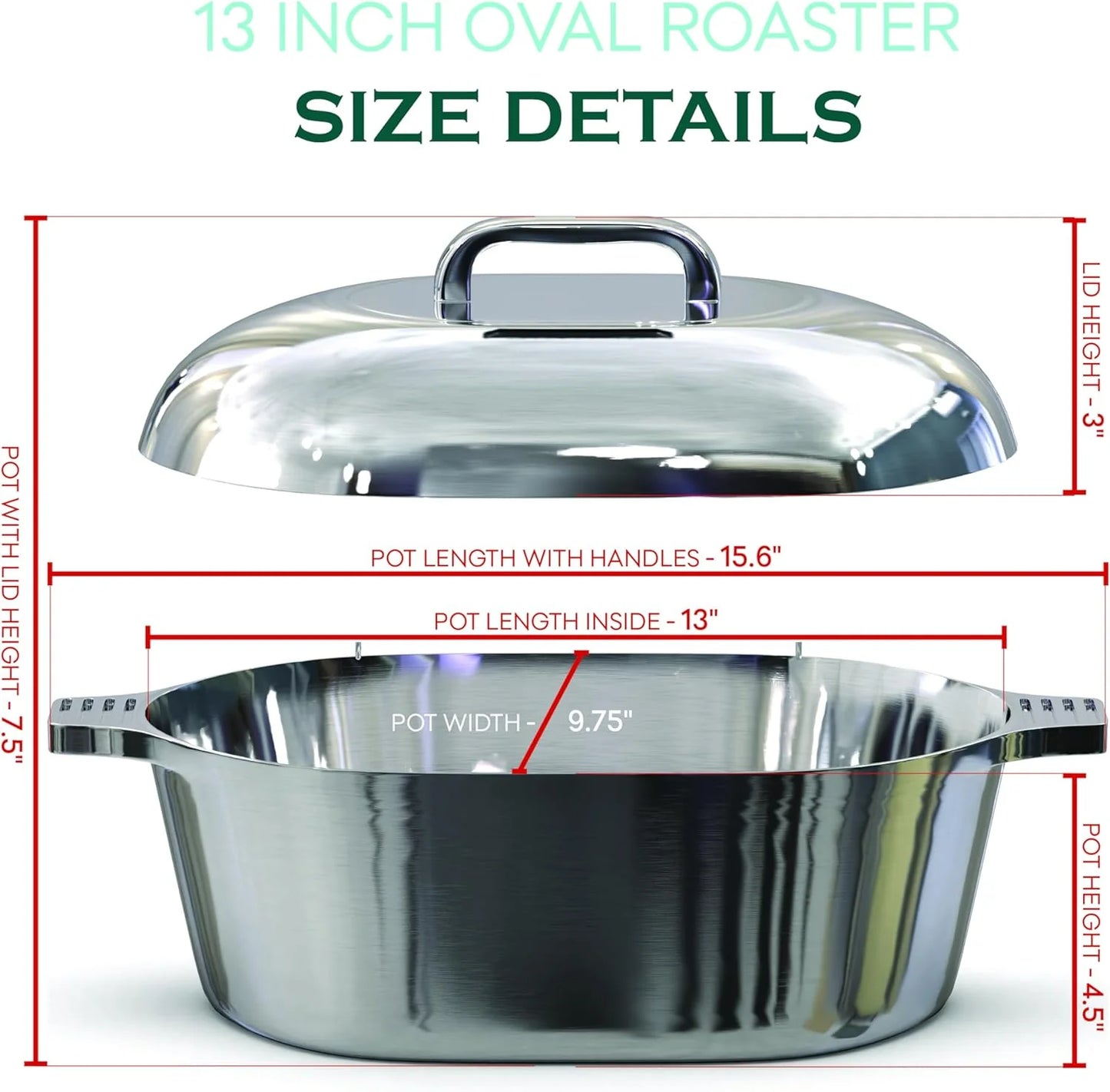 Cast Aluminum Dutch Oven - 8 Quart - Oval Dutch Oven Pot with Lid for Families and Parties - Lightweight Cajun Cookware with Ideal Heat Distribution - Oval Roaster Pan with Lid (13 Inch)