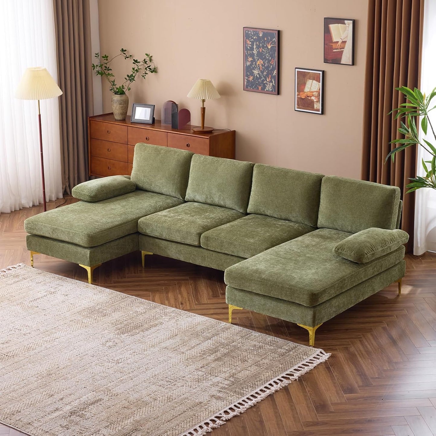 VINGLI 110" Sectional Couches for Living Room,U Shaped Couch with Double Chaise, 4-Seat Sofa Set with Chenille Fabric for Home Furniture,Beige