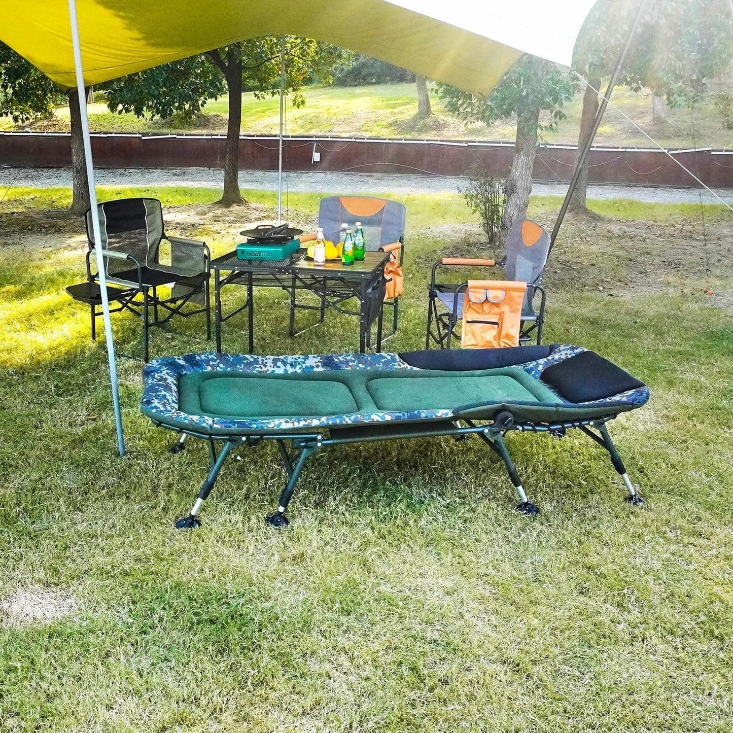 Camping Cots for Adults 330Lbs with Carry Bag, Heavy Duty Folding Bed with Soft Padded Cushion, Portable Military Cot for Hunting, 180° Adjustable Reclining Outdoor Lounger