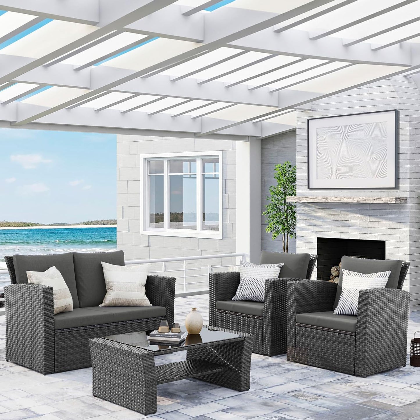 Wisteria Lane 4 Piece Outdoor Patio Furniture Sets, Wicker Conversation Set for Porch Deck, Grey Rattan Sofa Chair with Cushion Blue