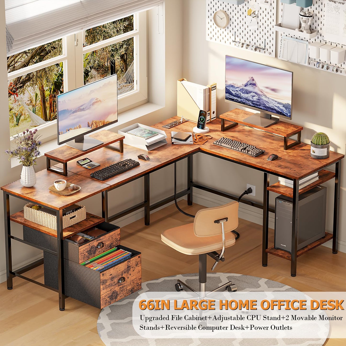 FUROLOGEE 66” L Shaped Desk with Power Outlet & Storage Shelves
