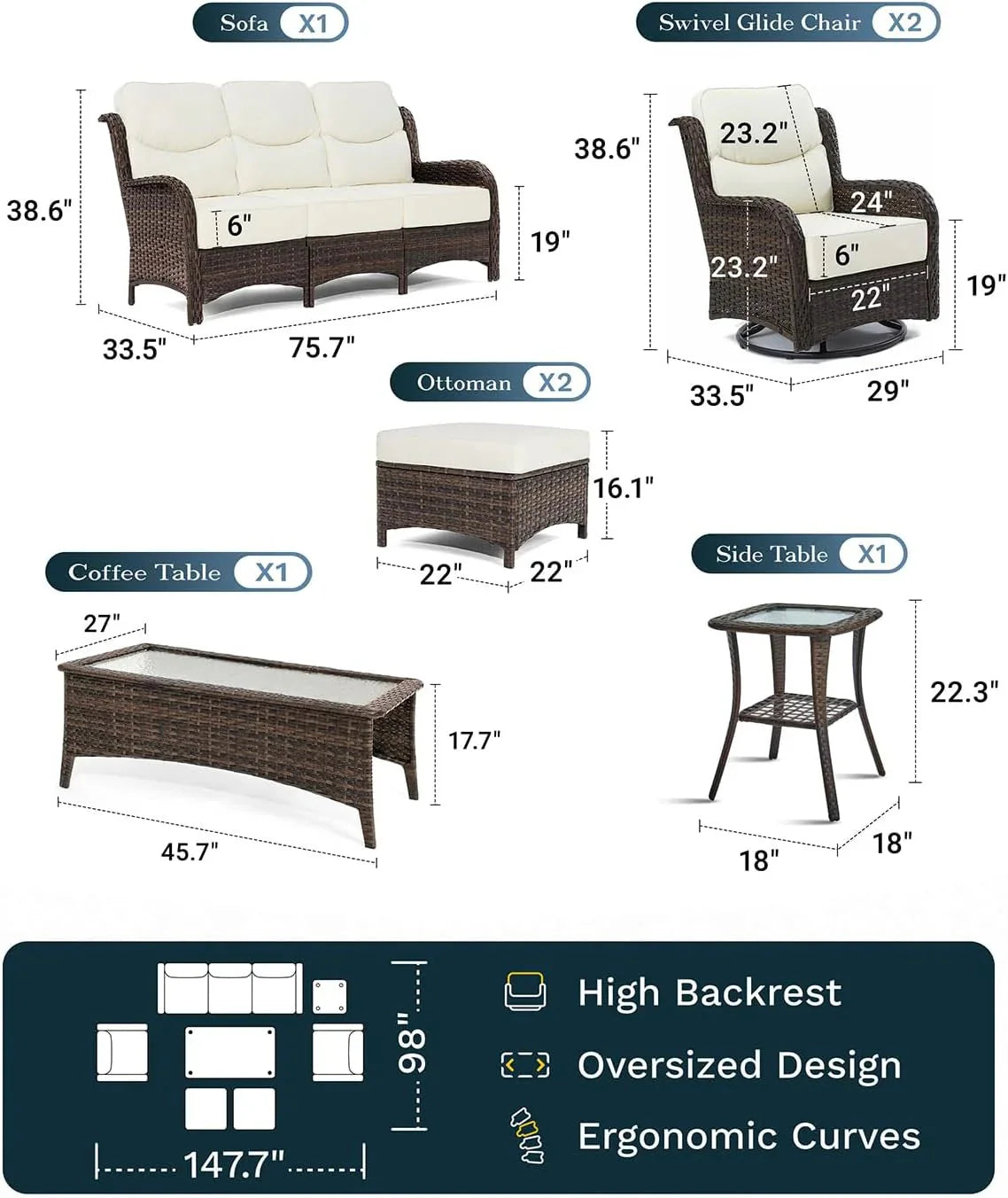 Outdoor Swivel Rocker Patio Chairs with 6-Inch Thick Cushions and Side Table, 3PCS High Back Wicker Patio Furniture Set for Porch, Balcony, Deck and Yard in Blue