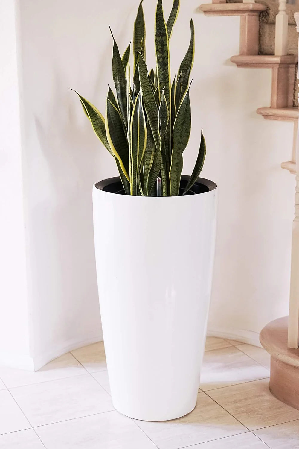 Nested Plastic Self Watering Indoor Outdoor Tall Round Planter Pot, Set of 2, 29.5 Inch Tall, White