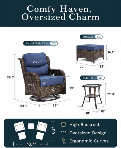 Outdoor Swivel Rocker Patio Chairs with 6-Inch Thick Cushions and Side Table, 3PCS High Back Wicker Patio Furniture Set for Porch, Balcony, Deck and Yard in Blue