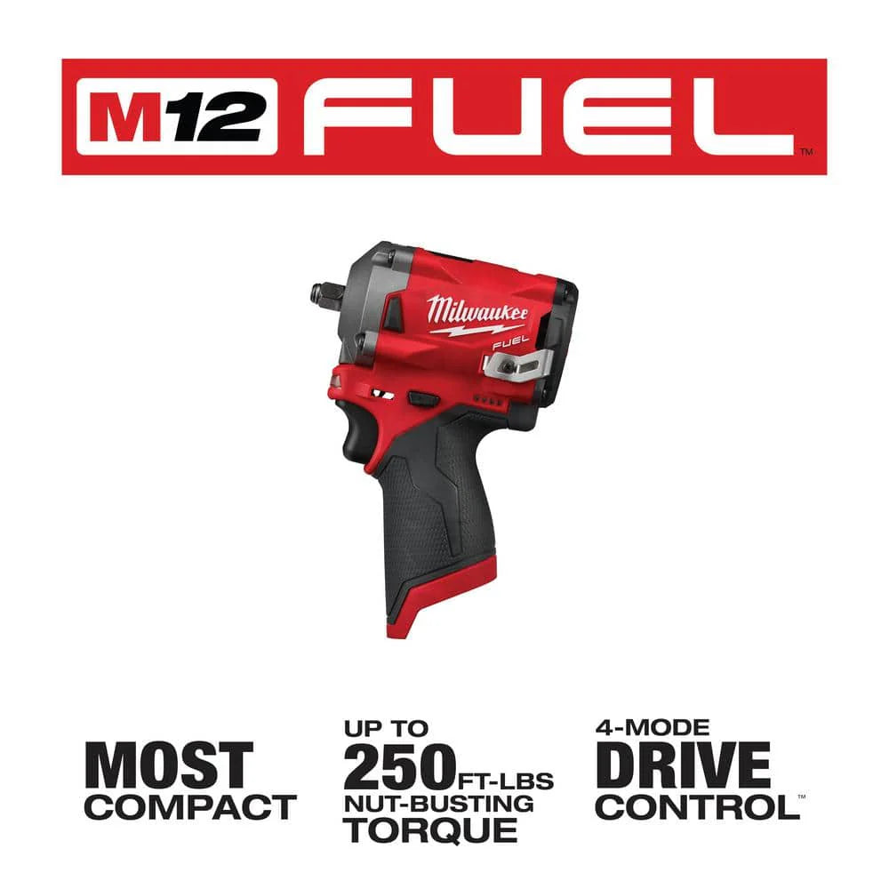 Milwaukee M12 FUEL 3/8′′ Cordless Brushless Stubby Impact Wrench, 250 ft lbs Torque, Tool Only