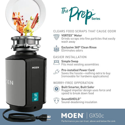Disposer Prep Series 1/2 HP Continuous Feed Garbage Disposal with Sound Reduction, Power Cord Included
