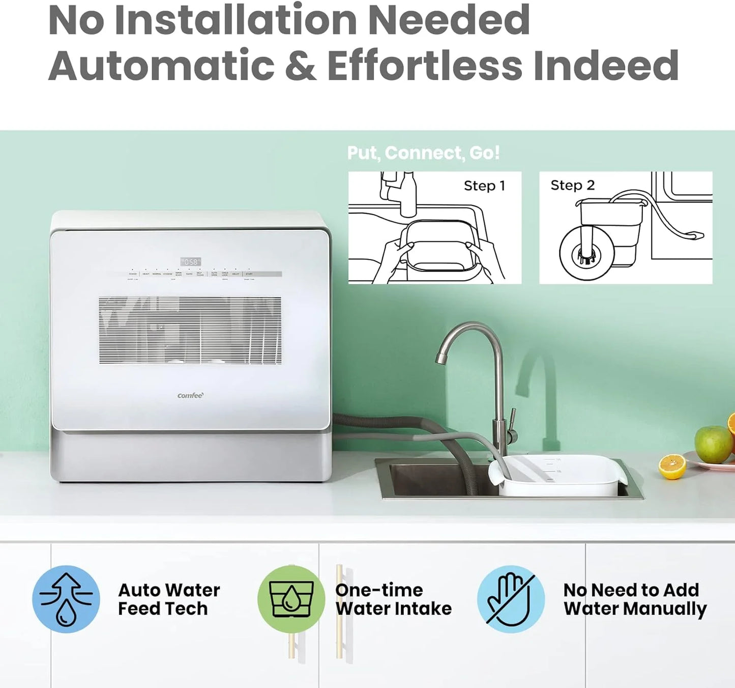 COMFEE' Portable Dishwasher Countertop with 5L Built-in Water Tank, No Hookup Needed, 6 Programs, 360° Dual Spray, 192℉ High-Temp& Air-Dry Function, Mini Dishwasher for RVs, White