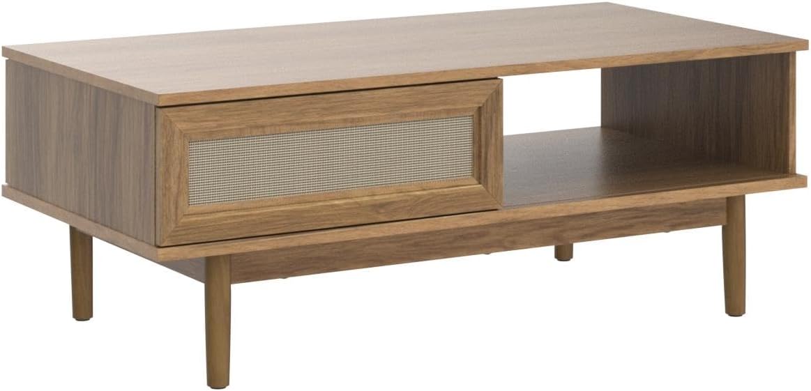 Mopio Ensley Mid Century Modern Rectangle Coffee Table with Dual Storage Shelf, Wood Slat Sliding Door, & Rounded Edge Protection for Living Room, Walnut Grain